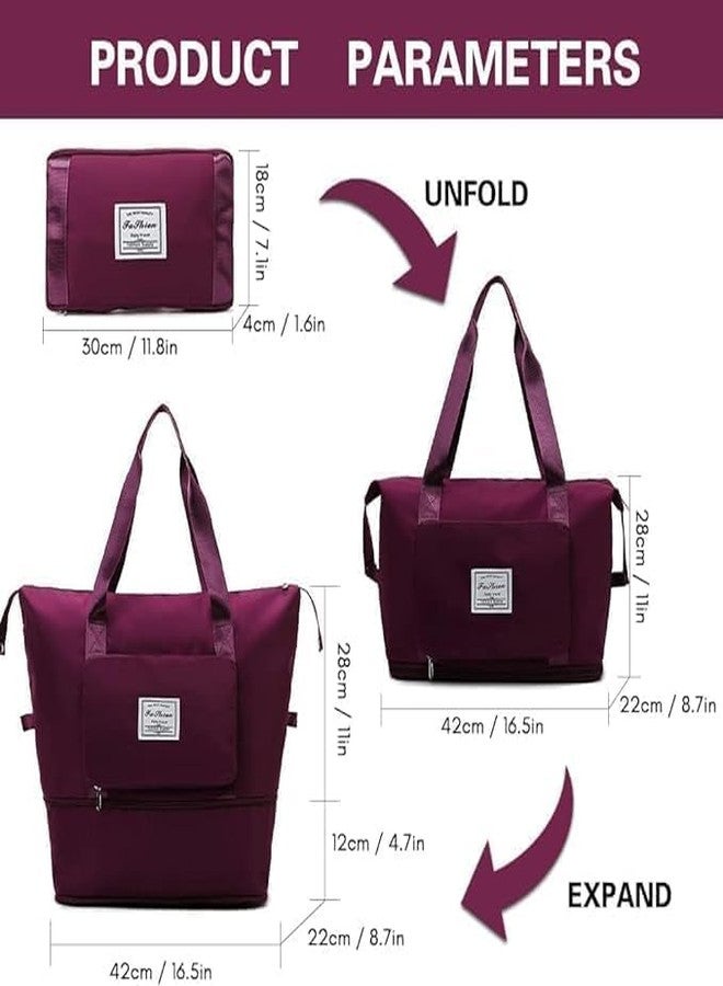 Antson Large Capacity Folding Travel Tote Bag, Oxford Fabric Waterproof Lightweight Foldable Travel Duffel Bag Portable Expandable Travel Bag, Dry and Wet Carry On Bag (Wine) - Image 2